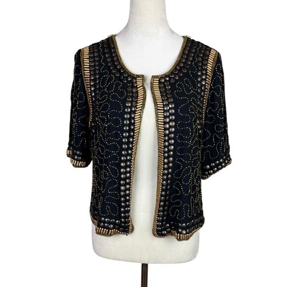 Hazel Black Chiffon Studded Beaded Gold Short Sleeve Evening Layering Jacket - Picture 1 of 11